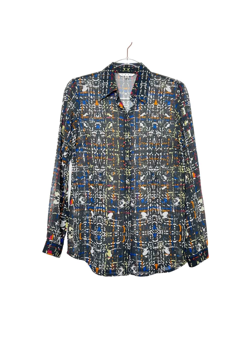 CABI Festival Sheer Button Up Blouse Gray Multicolor Geometric Print Size Small